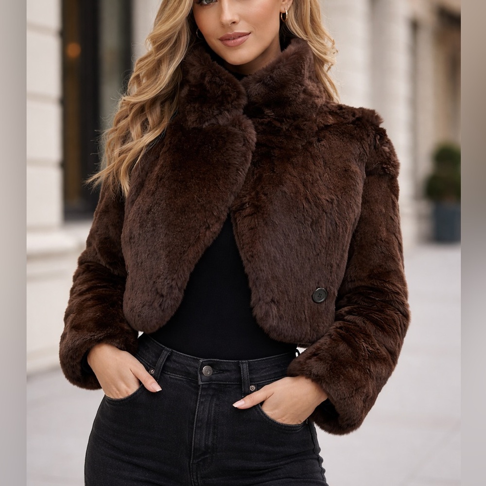 Revolve June Rabbit Fur Reversible Cropped Jacket in Brown